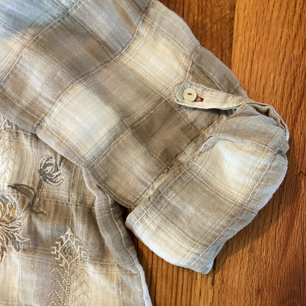 Johnny Was Embroidered Cotton Button Up Top, Saddle Brown & Beige Plaid, Sz Sml - Picture 5 of 7